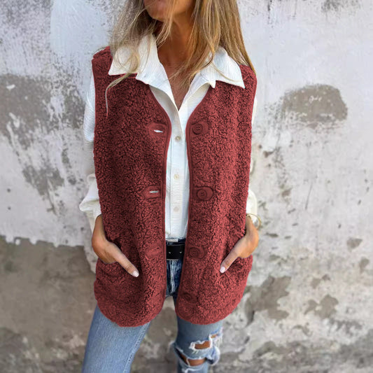 Ellie women’s fleece vest with button closure and pockets, cozy autumn winter layering piece