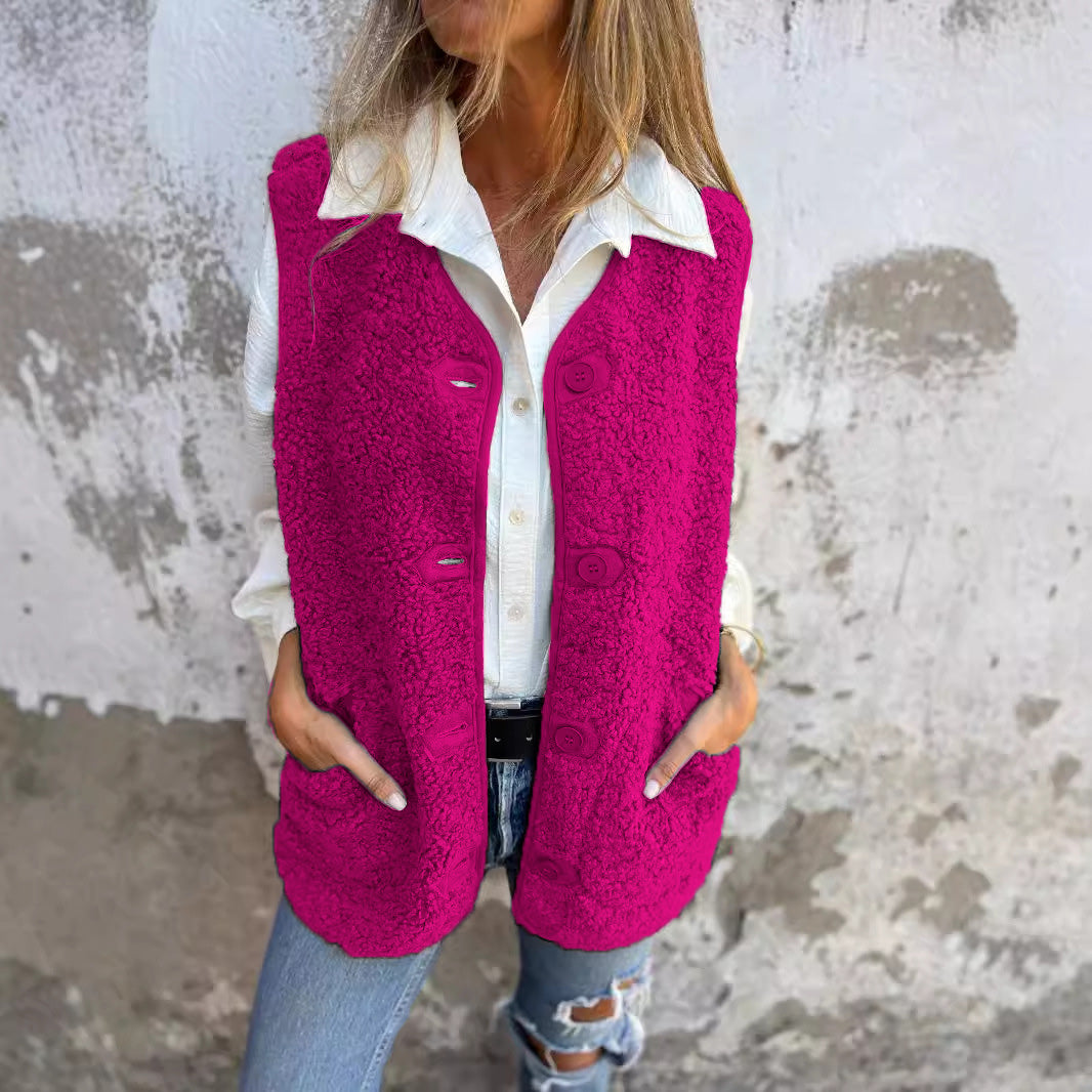 Ellie women’s fleece vest with button closure and pockets, cozy autumn winter layering piece