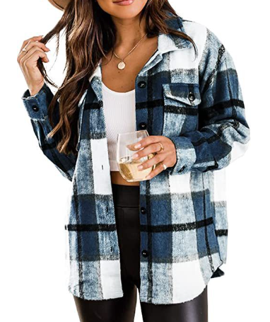 Women’s oversized plaid shirt in red and black check with long sleeves.