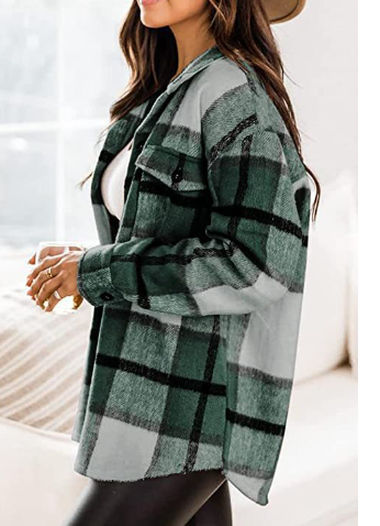 Women’s oversized plaid shirt in red and black check with long sleeves.
