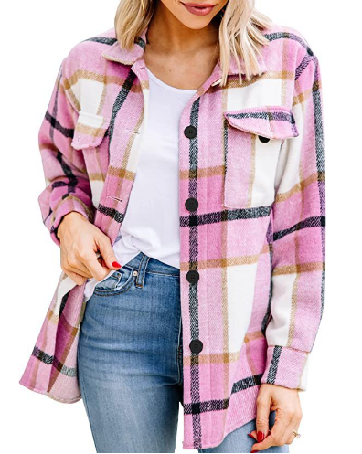 Women’s oversized plaid shirt in red and black check with long sleeves.