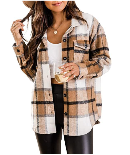 Women’s oversized plaid shirt in red and black check with long sleeves.