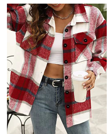 Women’s oversized plaid shirt in red and black check with long sleeves.