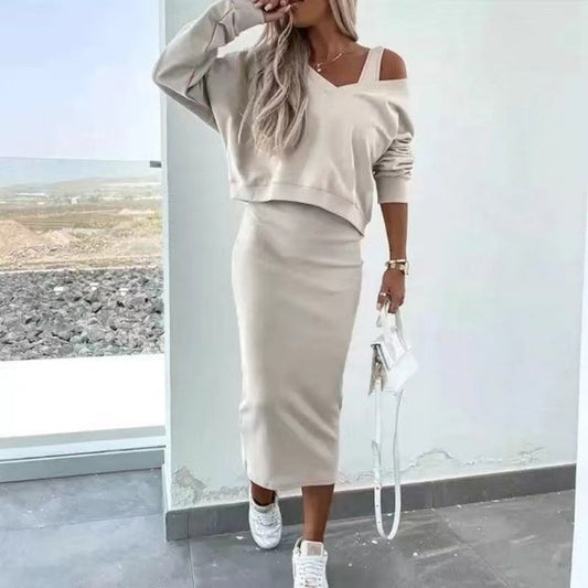 Women’s midi dress with matching V-neck sweater set