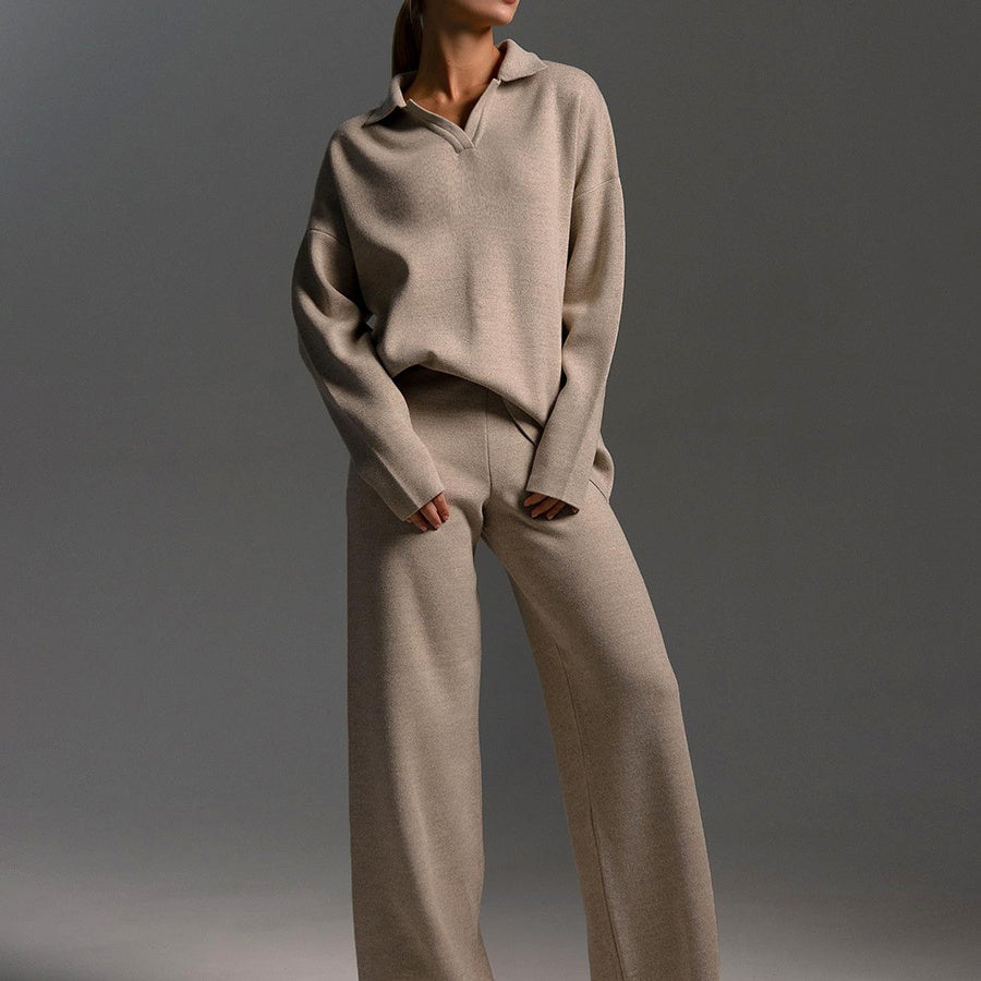 Women’s two-piece set with V-neck top and wide-leg trousers