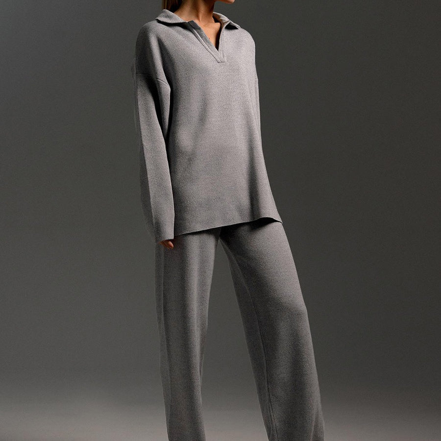 Women’s two-piece set with V-neck top and wide-leg trousers