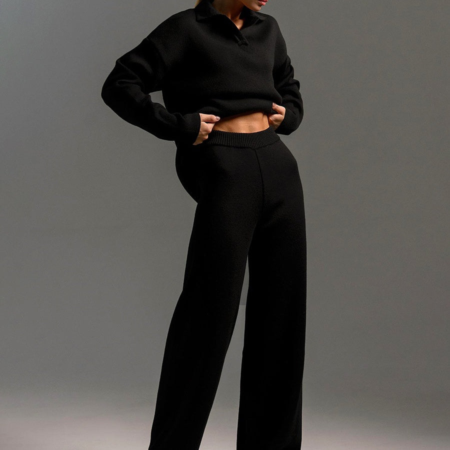 Women’s two-piece set with V-neck top and wide-leg trousers