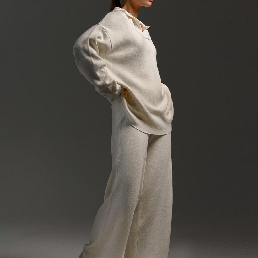 Women’s two-piece set with V-neck top and wide-leg trousers