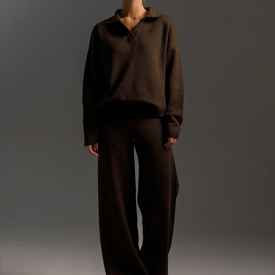 Women’s two-piece set with V-neck top and wide-leg trousers