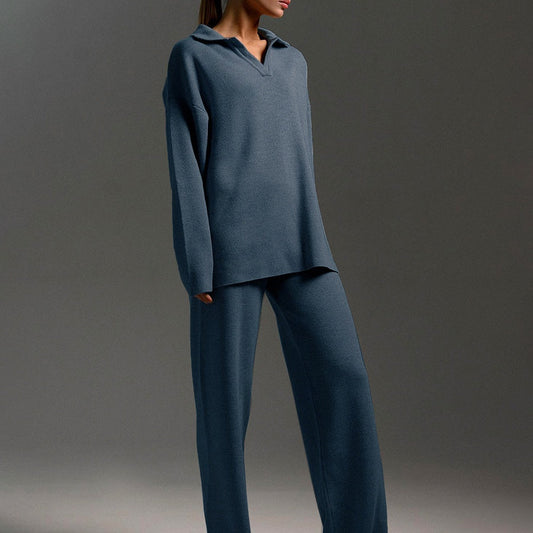 Women’s two-piece set with V-neck top and wide-leg trousers