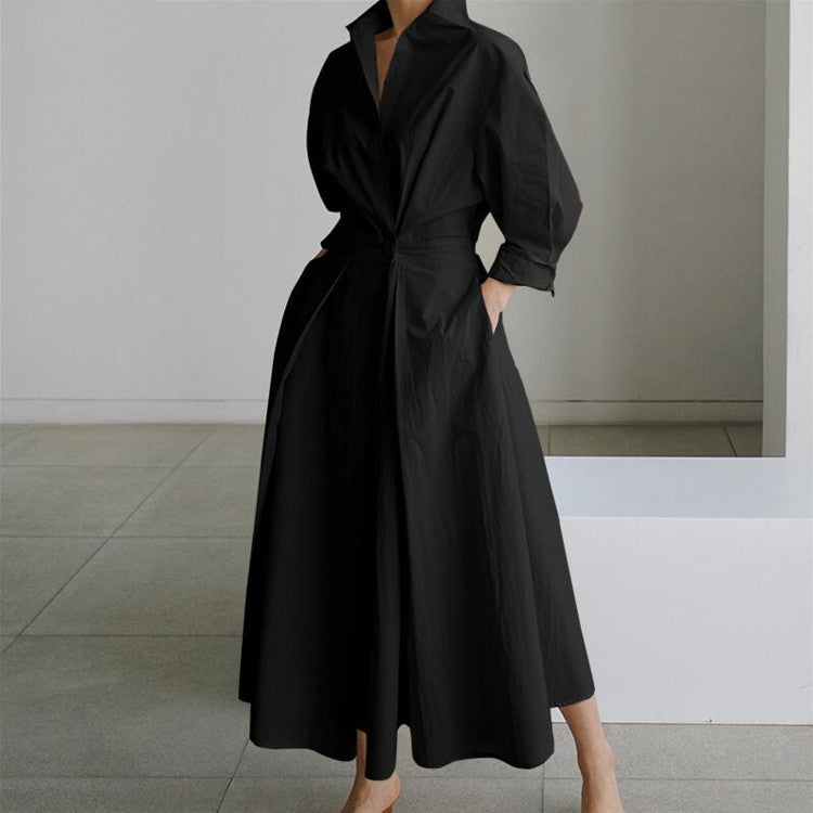 Sasha cotton shirt dress featuring a notched collar and a fluid, feminine wrap design.