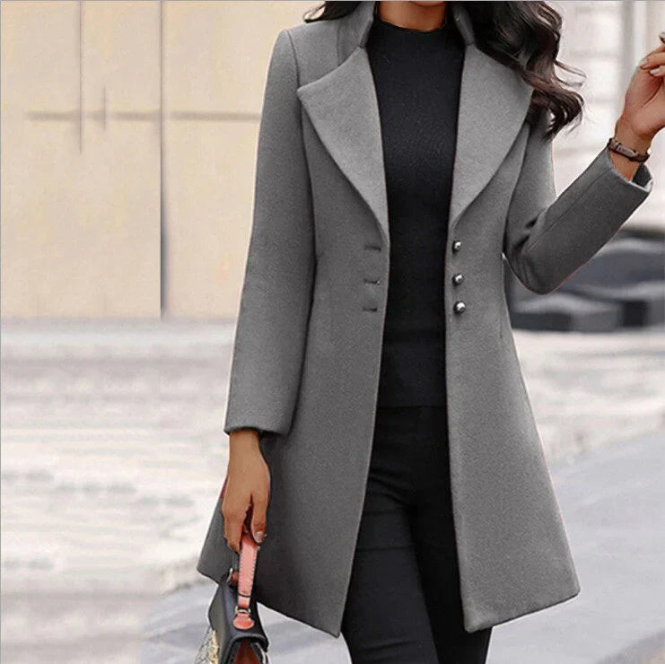 Leona elegant women's long coat with a structured fit and a three-button closure.