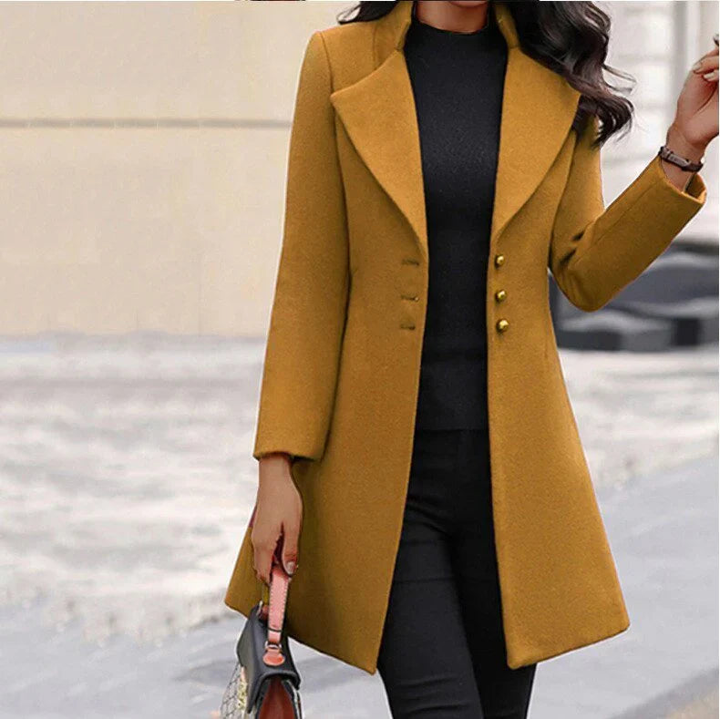 Leona elegant women's long coat with a structured fit and a three-button closure.