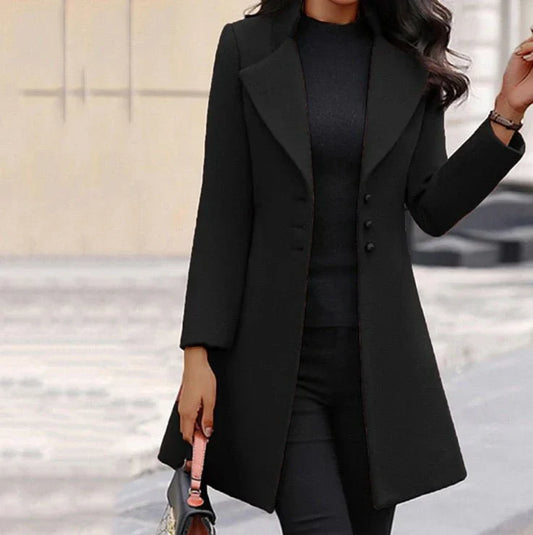 Leona elegant women's long coat with a structured fit and a three-button closure.