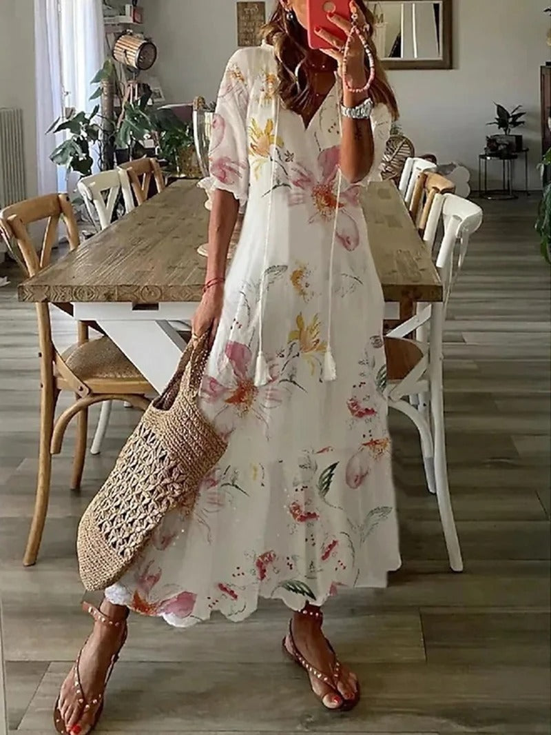 Willow long bohemian-style dress with a flowing silhouette and a natural, relaxed feel.
