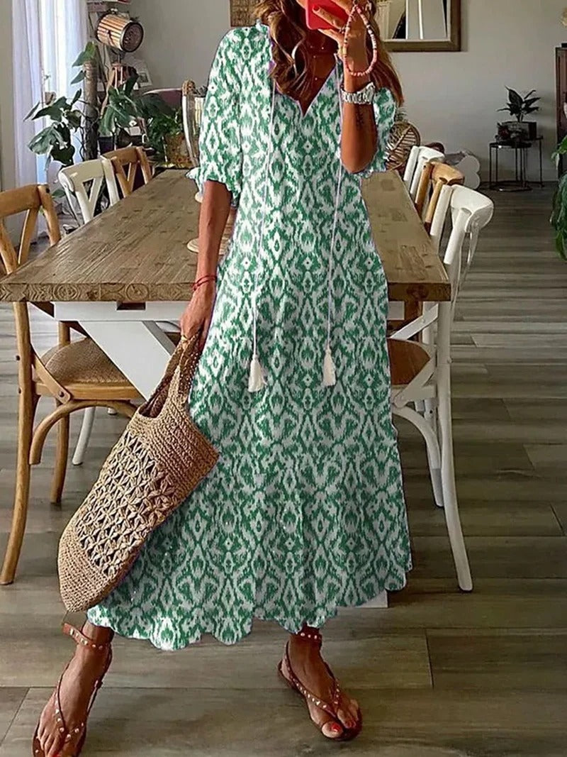 Willow long bohemian-style dress with a flowing silhouette and a natural, relaxed feel.
