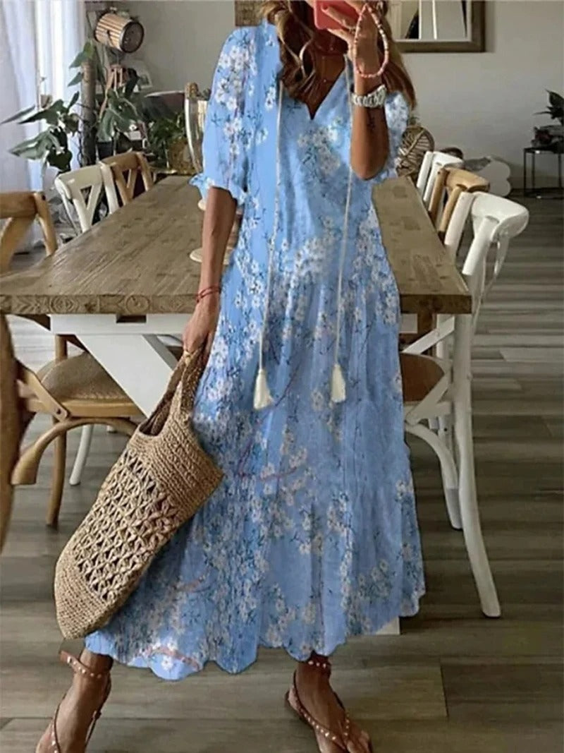 Willow long bohemian-style dress with a flowing silhouette and a natural, relaxed feel.