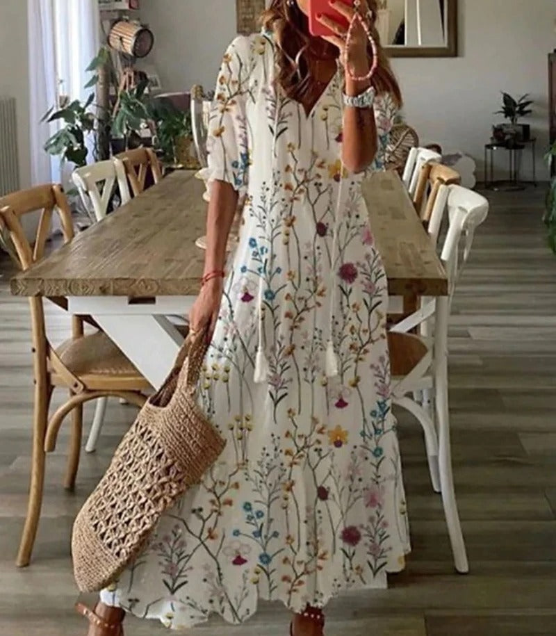 Willow long bohemian-style dress with a flowing silhouette and a natural, relaxed feel.