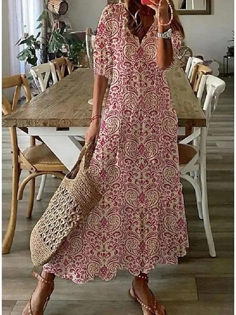 Willow long bohemian-style dress with a flowing silhouette and a natural, relaxed feel.