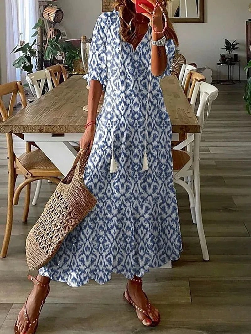 Willow long bohemian-style dress with a flowing silhouette and a natural, relaxed feel.