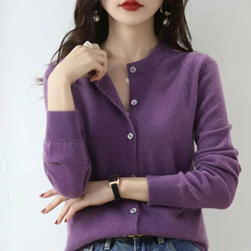 Isla women’s buttoned sweater with round neckline and delicate buttons, soft knit fabric, versatile style