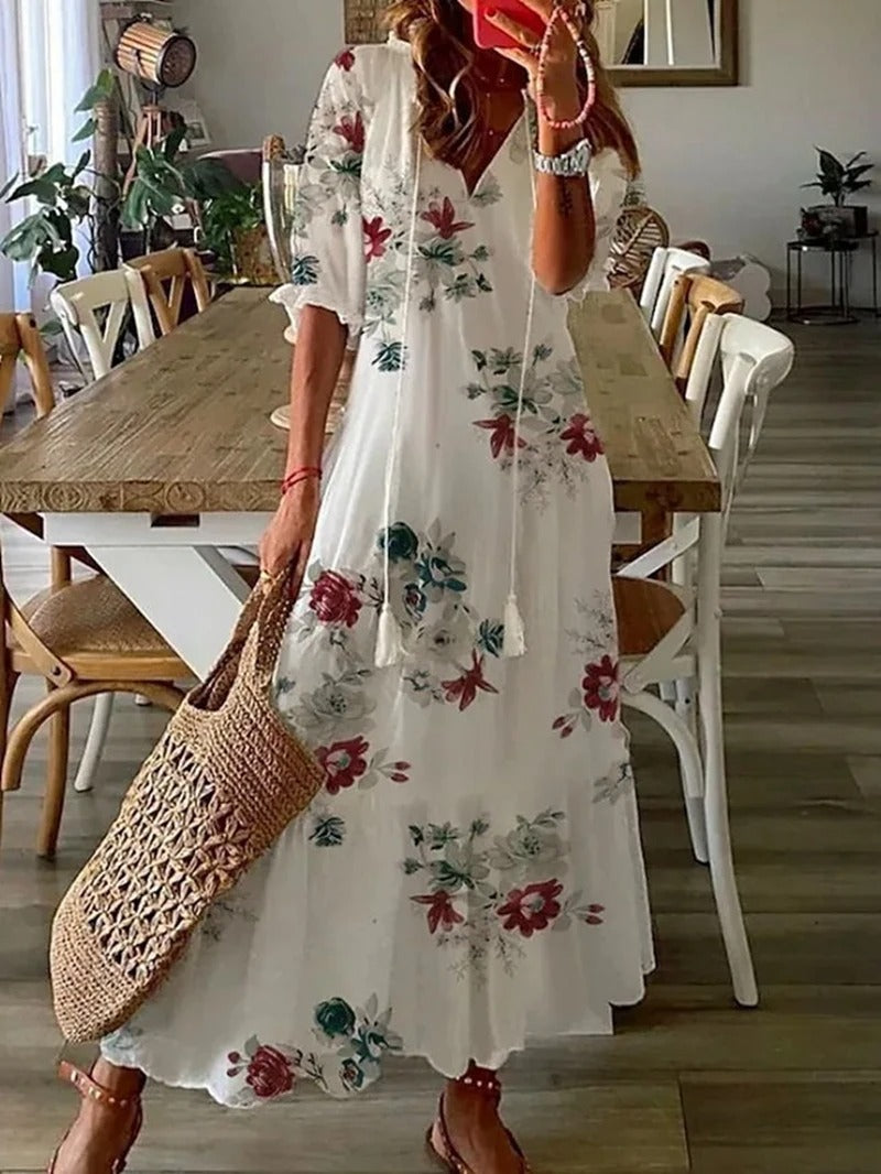 Willow long bohemian-style dress with a flowing silhouette and a natural, relaxed feel.
