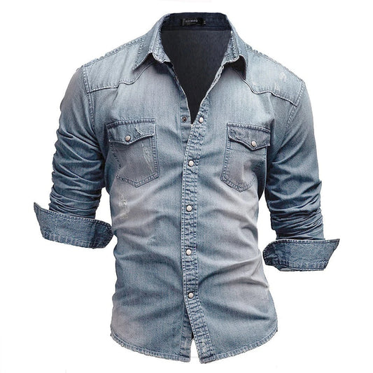 Rowan men’s classic denim shirt with chest pockets and button placket