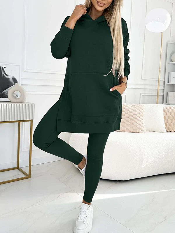 Kaia two-piece women's set with a high-neck sweatshirt and leggings in a neutral color.
