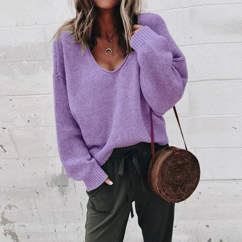 Iris women’s oversized V-neck knit sweater with relaxed silhouette, soft knit fabric, casual yet elegant style